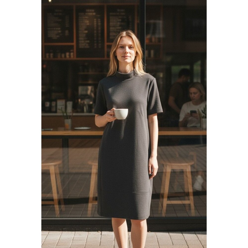 Donna Morgan Gray Mock Neck Short Sleeve Shift Dress Size 8